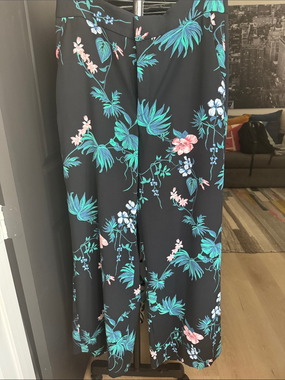 NWOT Banana Republic Navy Wide-Leg Pants with Teal & Pink Floral Print